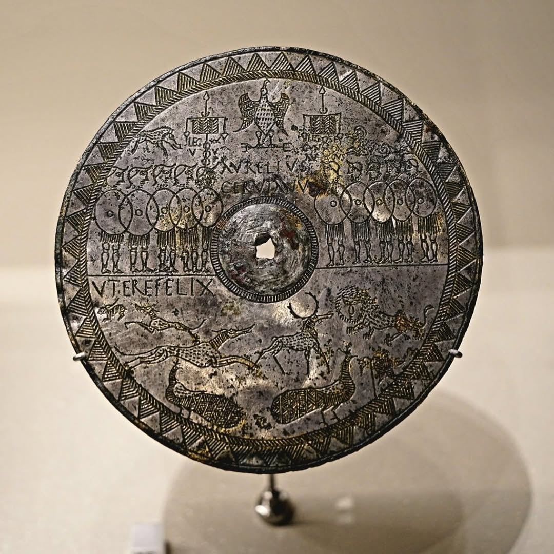This silver phalera was presented to the Roman officer Aurelius Servanius by soldiers of two legions stationed in Chester and Caerleon (Wales, United Kingdom). It dates to the 3rd 