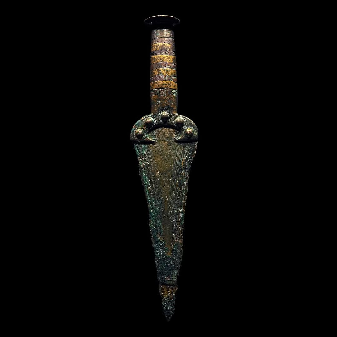 An astonishingly well-preserved bronze dagger found in Lake Geneva, Switzerland, c. 2000 BC. Early Bronze Age Western Europe, Rhône culture, dated to 2200–1600 BC. It was likely a 