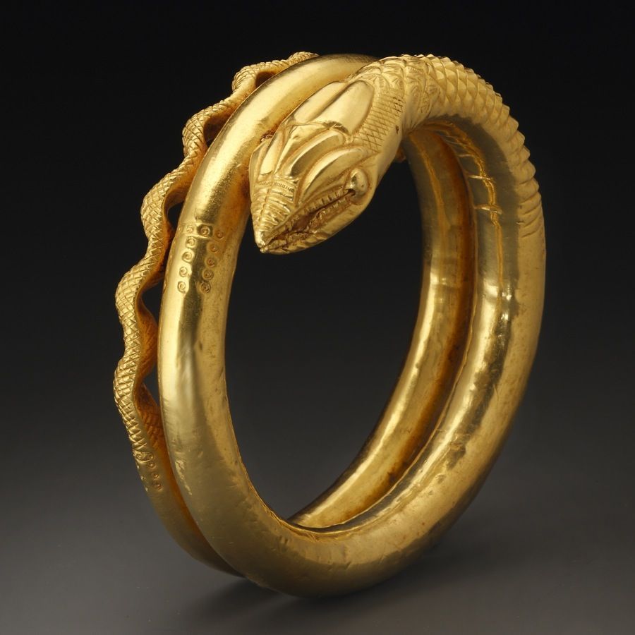 A beautiful gold bracelet from Roman Egypt, dating to around the 1st century CE. It was not worn on the wrist, as it was too heavy and uncomfortable. This type of bracelet, called 