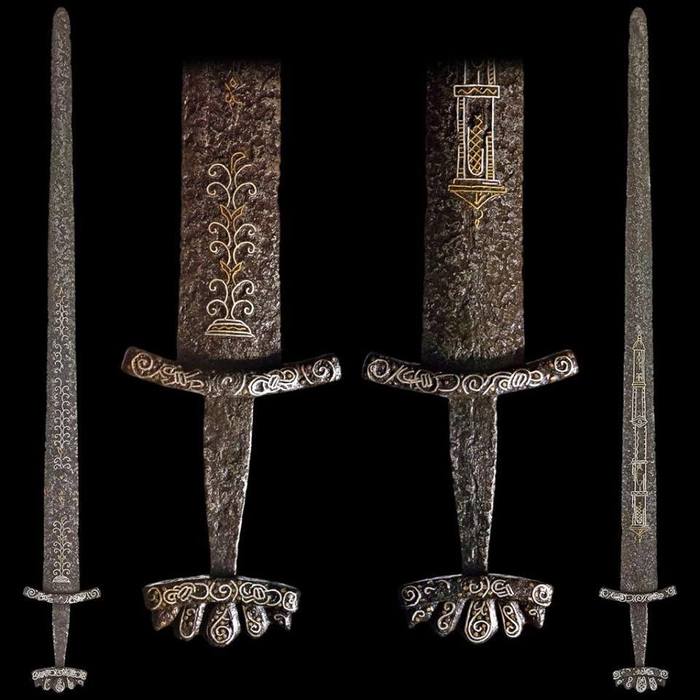 A Carolingian sword (Viking sword) with intricate gold inlay patterns, estimated to date from the late 10th to early 11th centuries. This is an image of the same sword from differe