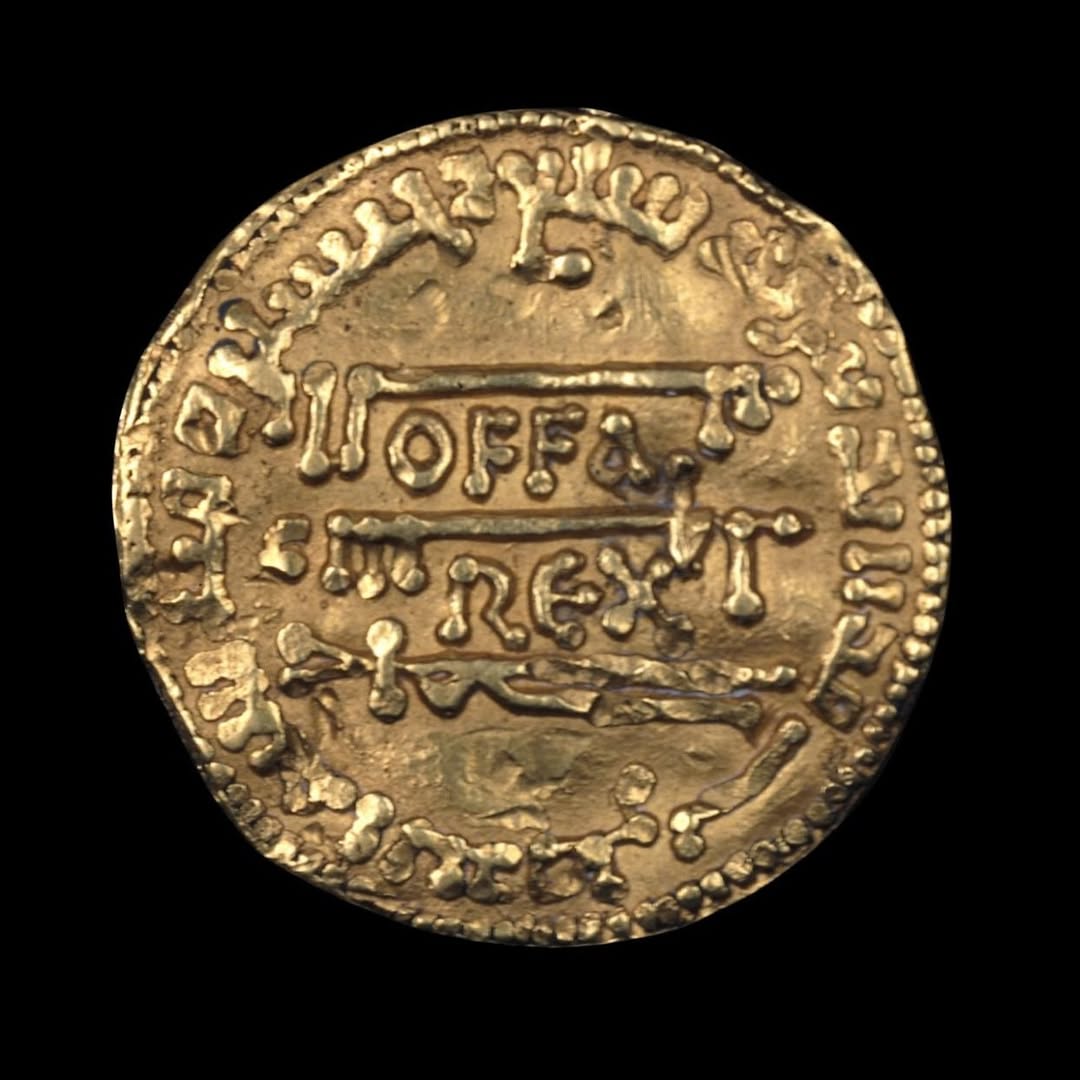 A remarkable gold coin—a unique imitation of the Arabic dinar (in size, weight, and inscriptions) minted in England in the late 8th century. This unique gold coin (the only known e