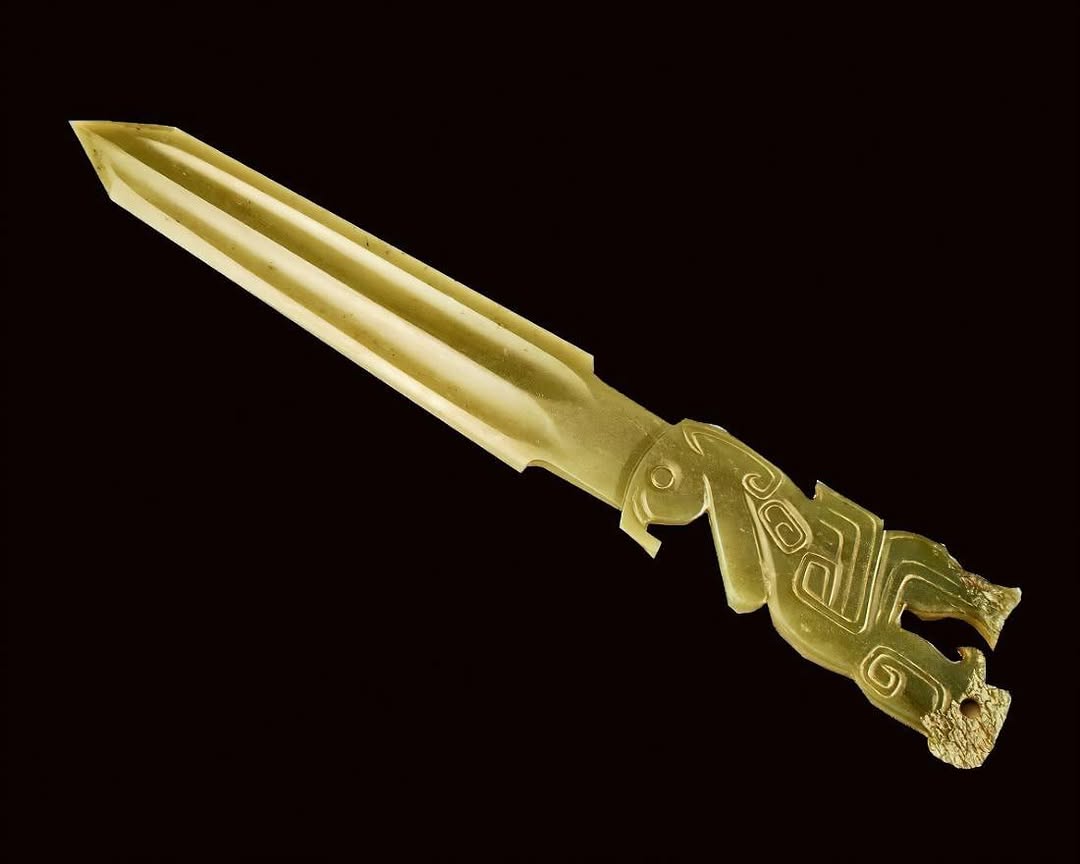 This is a jade ceremonial dagger dating back almost 3,000 years! Xuzhou, China, Western Zhou Dynasty, 1046–771 BC. Found in a Zhou Dynasty tomb. This is not a simple dagger; it was